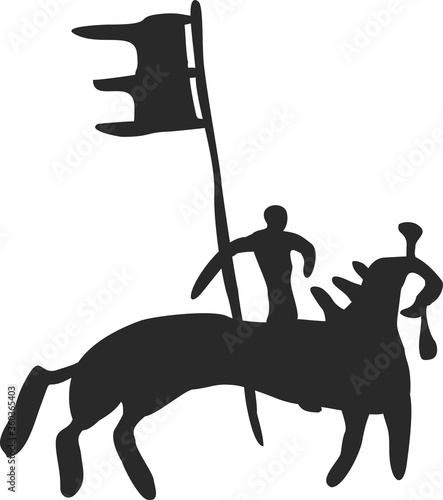 Siberian cave painting. Ancient man on a horse with a flag in his hand. Black sketch isolated on white background. Russian history. Flat infographics. Vector illustration