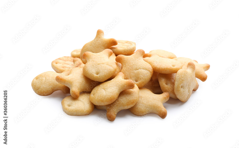 Delicious crispy goldfish crackers on white background Delicious crispy goldfish crackers on white background