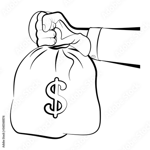 man holds in hand a bag of money. Issuance of a loan, repayment of debt to the bank, economic offenses. Isolated vector on white
