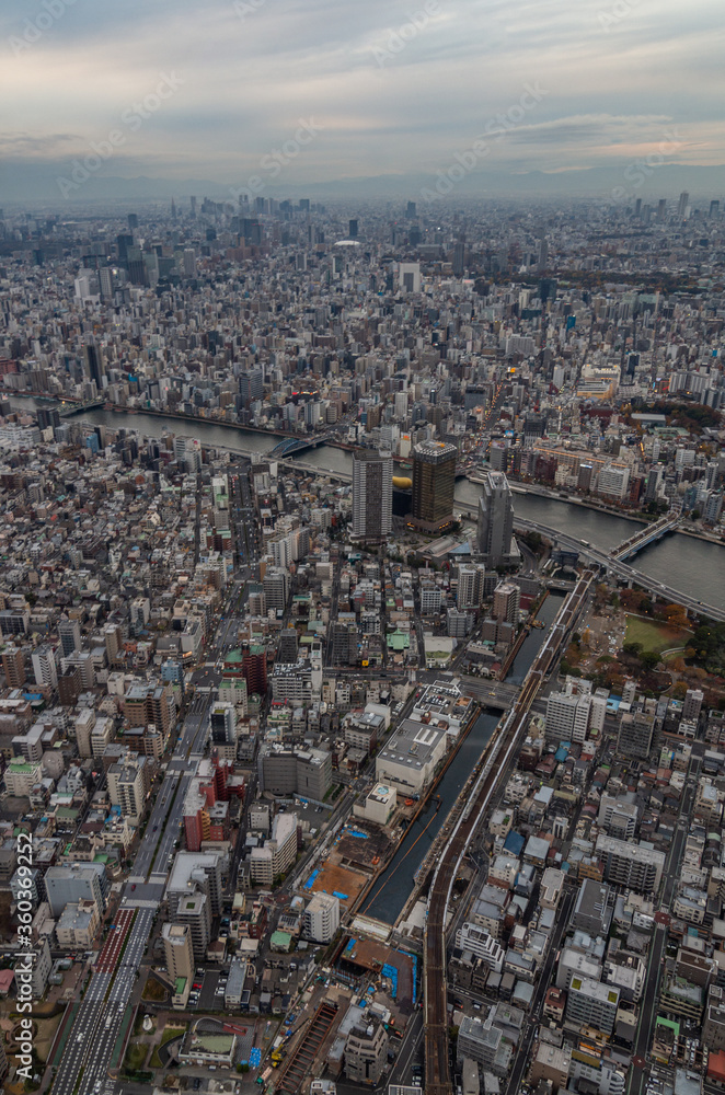 Tokyo city spreads out  to the horizon at dusk, the vast metropolis as viewed from the Skytower
