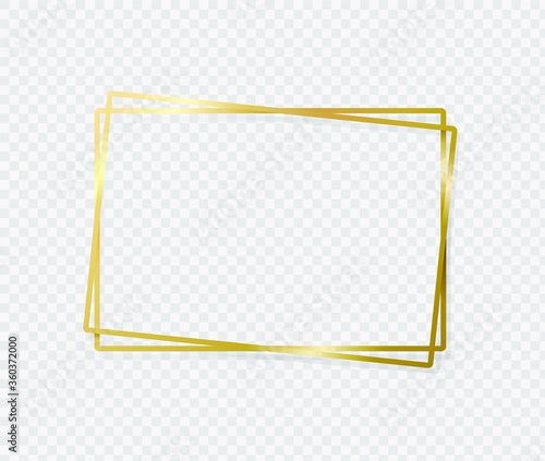 Golden border frame with light shadow and light affects. Gold decoration in minimal style. Graphic metal foil element in geometric thin line rectangle shape.