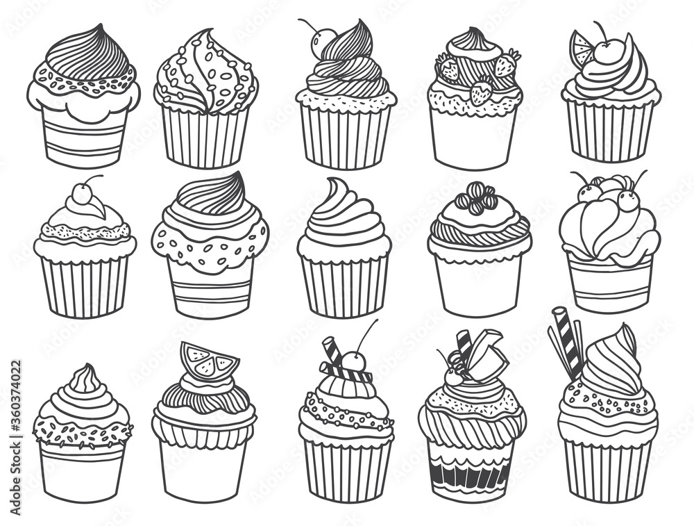 Set of drawings on the theme cakes. Cakes, pies, bread, Desserts, sweets, ice cream, muffin and other confectionery products. vector illustration