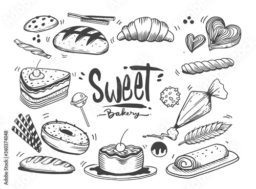Set of drawings on the theme cakes. Cakes, pies, bread, Desserts, sweets, ice cream, muffin and other confectionery products. vector illustration