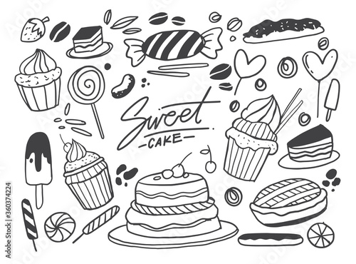 Set of drawings on the theme cakes. Cakes, pies, bread, Desserts, sweets, ice cream, muffin and other confectionery products. vector illustration