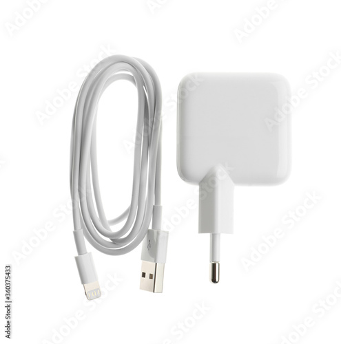 USB charger isolated on white, top view. Modern technology