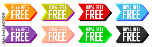  Buy 4 Get 1 Free, Set Sale bubble banners design template, discount tags, app icons, vector illustration