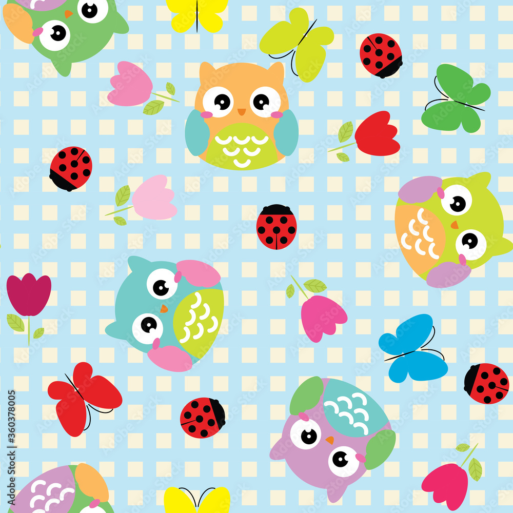 Seamless background with spring elements - owls, butterfly and flowers. Vector illustration.