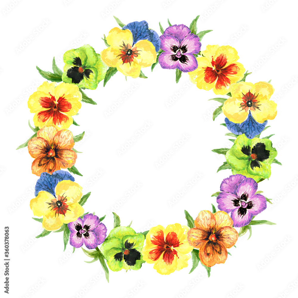 Obraz premium Watercolor pansy illustration foliage leaves collection Set of garden and abstract elements arrangements hand painted wreath on white