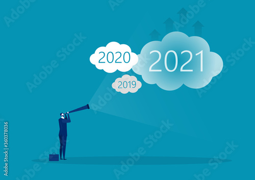 Businessman looking for opportunities in spyglass on 2021 year the target on cloud vector