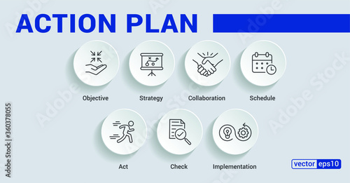 Action plan banner web icon for business and marketing. objective, strategy, Collaboration, Schedule, Plan and implementation. Minimal vector infographic.
