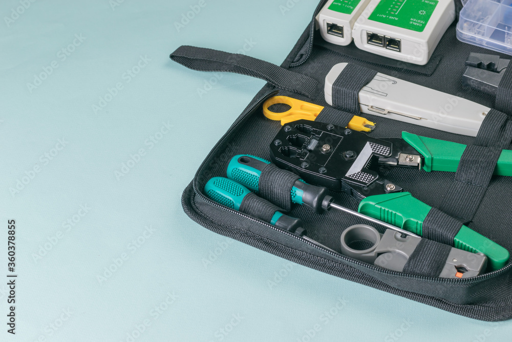 A set of tools for connecting the RJ 45 cable. A set of tools for connecting the RJ 45 cable.