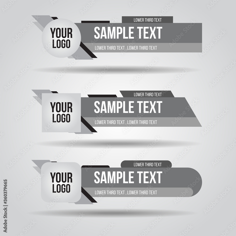Lower third white, black and grey design tv template modern contemporary.  Set of banners bar screen broadcast show bar name. Collection of lower  third for video editing on transparent background. Stock Vector |