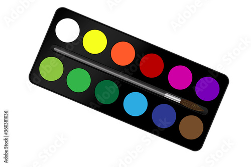 Set of color paints in a box. Isolated paintbox for watercolor drawings. A palette for creative art. Vector image. photo