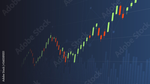 Abstract financial graph with up trend line candlestick chart in stock market on blue color background