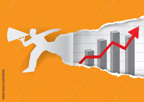 Running Man with megaphone and rising graph. Paper male silhouette ripping orange paper with Business chart with red arrow going up. Vector available.