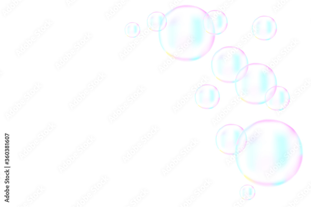 Vector background of soap bubbles. Water watercolor blower. Colored patterned texture from soapbubble.