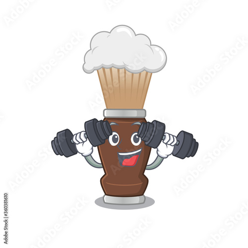 Muscular shaving brush mascot design with barbells during exercise