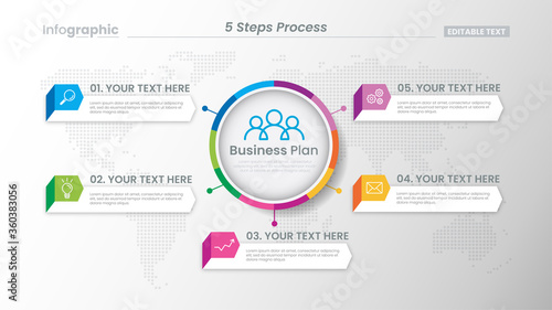 Five steps infographic with world map background