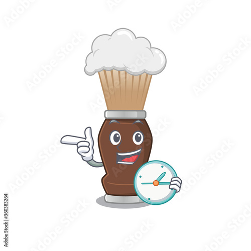 A picture of cheery shaving brush holding a clock
