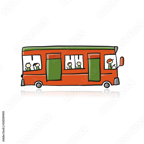 Cute cartoon hand drawn red bus icon, city transport. Sketch for your design