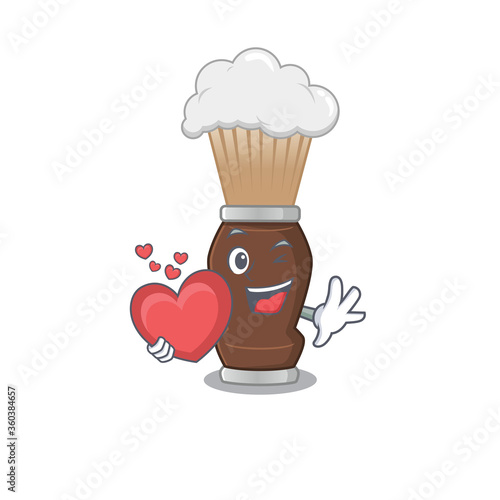 A lovable shaving brush caricature design style holding a big heart