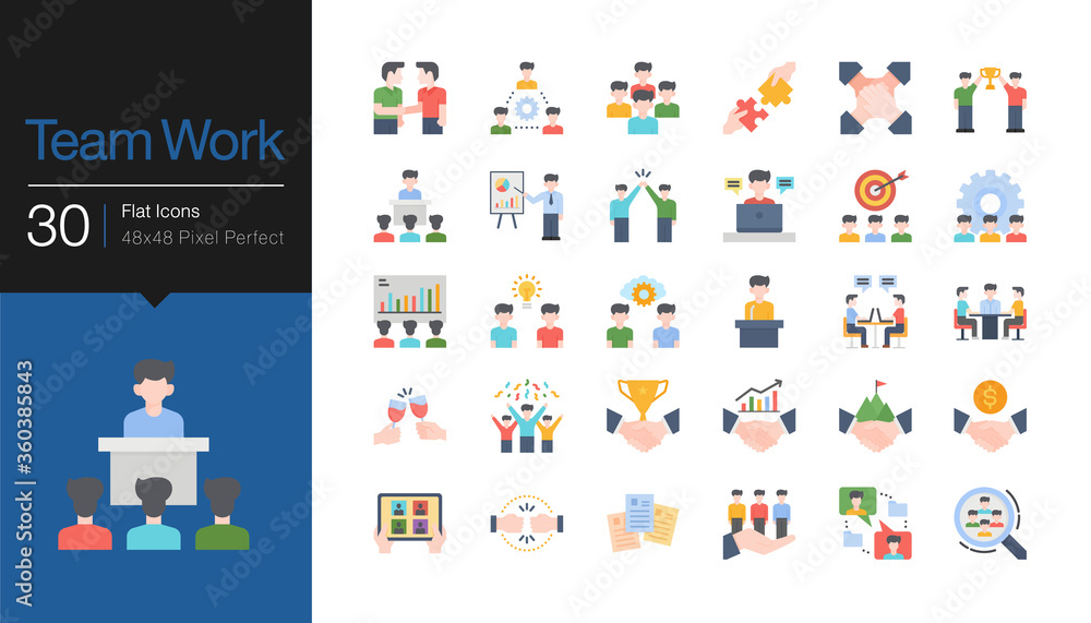 Team work icons. Business success concept of teamwork partnership. Flat design.