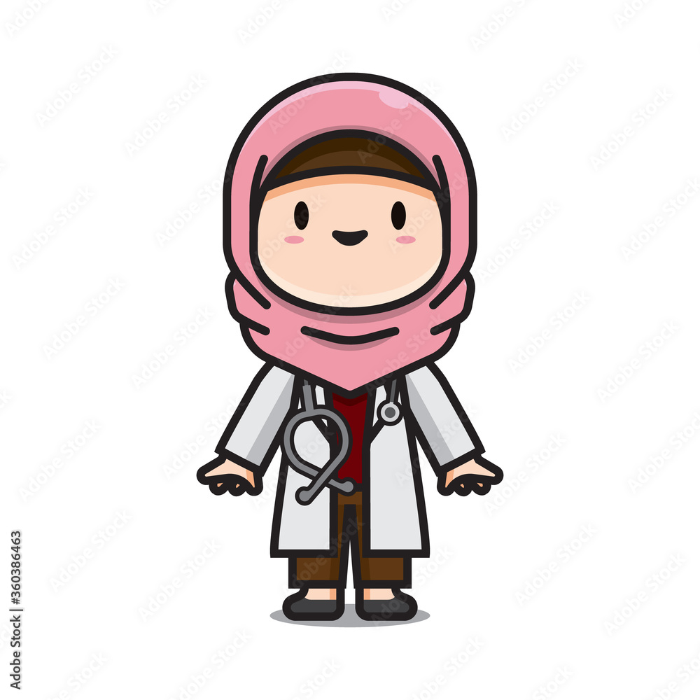 Illustration of Cute Doctor muslim Vector The Concept of Isolated Technology. Flat Cartoon Style Suitable for Landing Web Pages, Banners, Flyers, Stickers, Cards