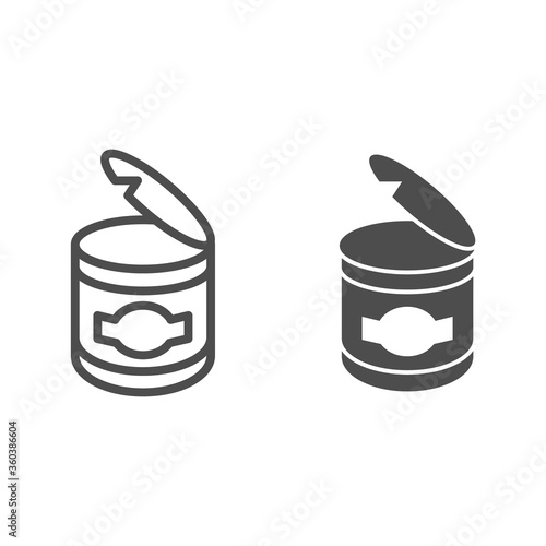 Canned food line and solid icon, picnic concept, open can metal container sign on white background, conserve icon in outline style for mobile concept and web design. Vector graphics.