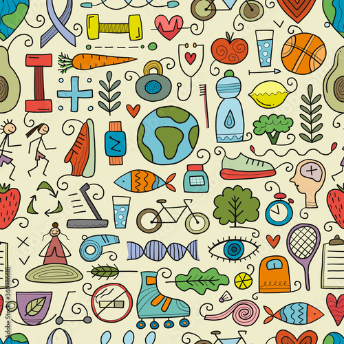World health day. Seamless Pattern with healty lifestyle for your design