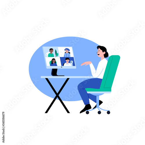 Flat illustration of a woman contacting her friends or work team via video call. Online conference.