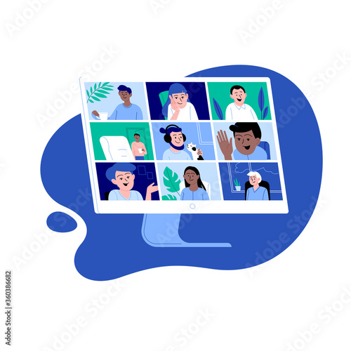 Diverse characters participating in the online conference call. Friends meeting up online. Team working from home via videocall.