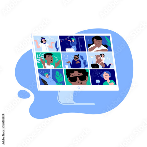 Diverse people dancing and chatting on the online conference house party. Friends meeting up online. Party from home via videocall. Monitor screen