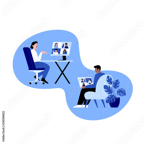 A man and a woman staying home meeting up with work team or friends online via conference video call