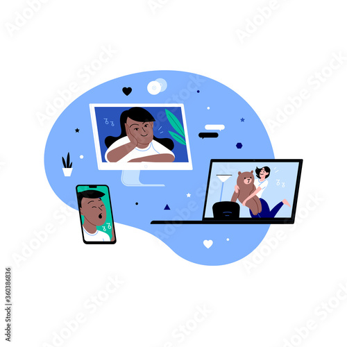 Women dancing and chatting on the online conference house party via different devices. Friends meeting up online. Party from home via videocall. Background with icons pattern