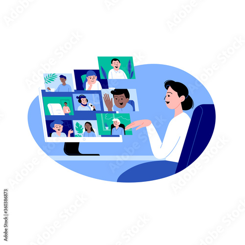 A woman staying home meeting up with work team or friends online via conference video call