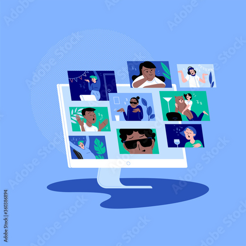 Diverse people dancing and chatting on the online conference house party. Friends meeting up online. Party from home via videocall. Monitor screen