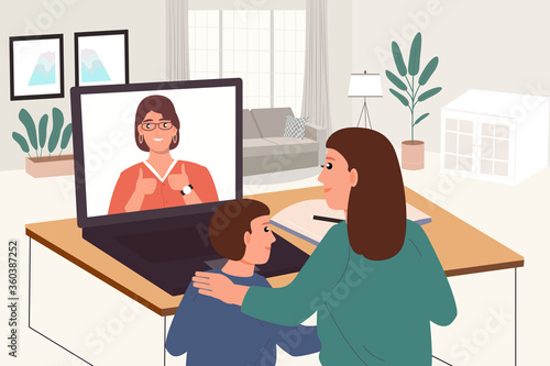 Social distancing education video online at home.Son with mother learning homework and watching teacher teach on laptop.Communication technology.New normal Distance Flat Vector Illustration.