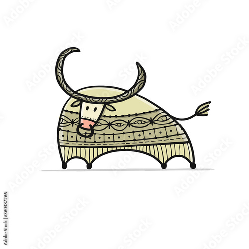 Funny sketch bull. Lunar horoscope sign. Happy new year 2021. Bull, ox, cow. Template for your design - poster, card, invitation