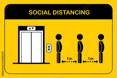 Icon people waiting for elevator or lift.Social distancing when go back to work after corona virus covid 19 spread concept.Man and women keep distance queue 1 meter.New normal sign symbol flat vector.