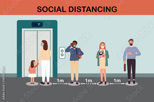 People waiting for elevator or lift.Social distancing mother and girl wearing protective in medical face protection mask corona virus covid 19 spread concept.Man and women keep distance queue 1 meter.