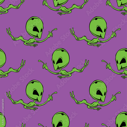 Seamless vector of green aliens on pastel purple background
