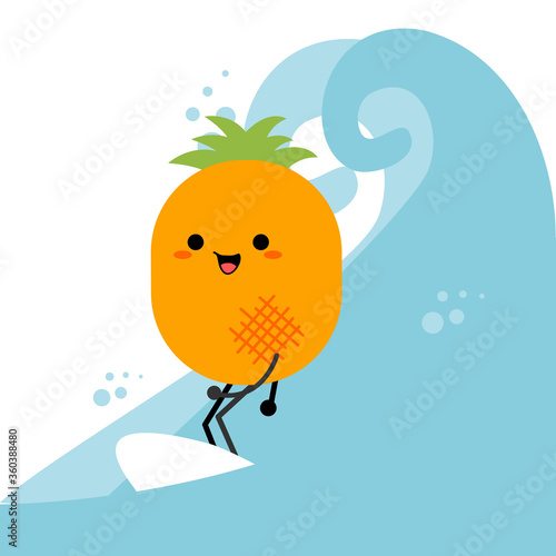 Pineapple character icon concept illustration. Cute coconut style. Surfing at sea. Surfing in the summer. Illustration vector.