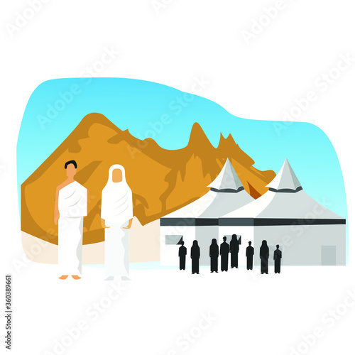 muslim and muslimah pilgrim on holy place Kaabah at Mecca, Saudi Arabia. Muslim holiday, Eid al Adha greeting card concept one flat design illustration