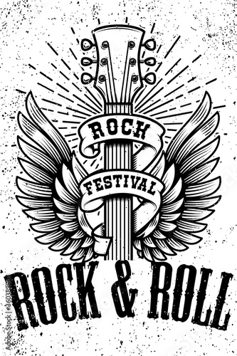 Rock and roll poster template. Winged guitar on grunge background. Design element for logo, emblem, card,banner, t-shirt. Vector illustration