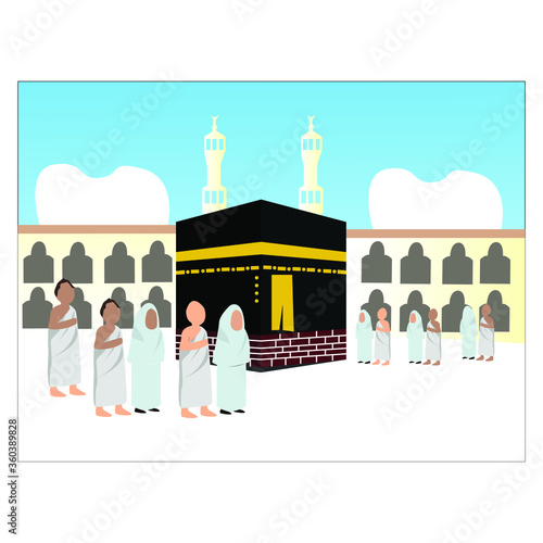 muslim and muslimah pilgrim on holy place Kaabah at Mecca, Saudi Arabia. Muslim holiday, Eid al Adha greeting card concept one flat design illustration