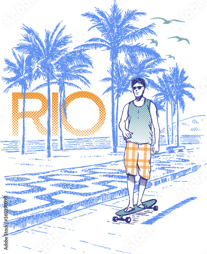 Vector illustration of skateboarder on the edge of the city of Rio de Janeiro.