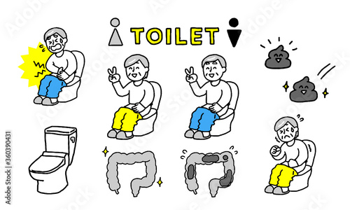 トイレで排泄するシニア男性女性イラストセット（シンプル）
