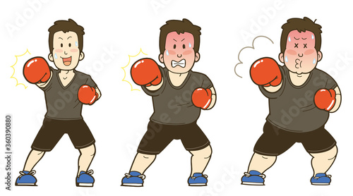 ボクササイズでダイエットする男性。体型の変化のイラスト。