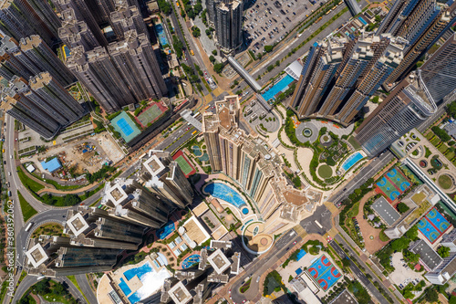 Drone fly over Hong Kong city