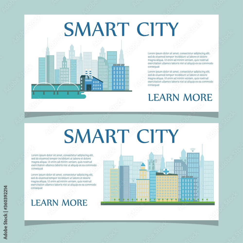 Set of banners smart city concept, web template stock vector illustration. Development of buildings, architecture, service for comfort living